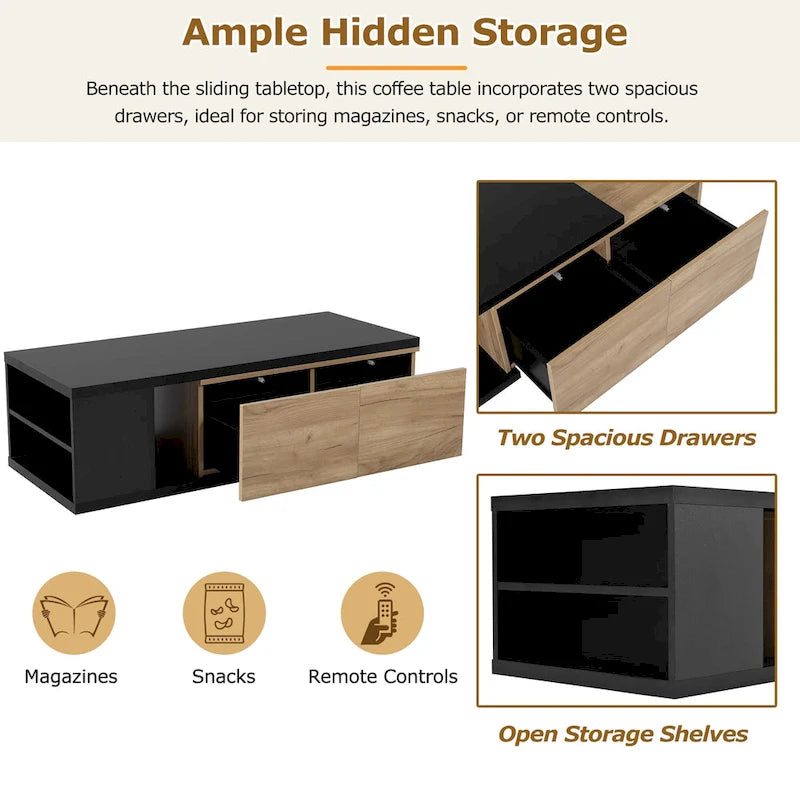 Table basse multifonctionnelle avec rangement dissimulé et 2 tiroirs