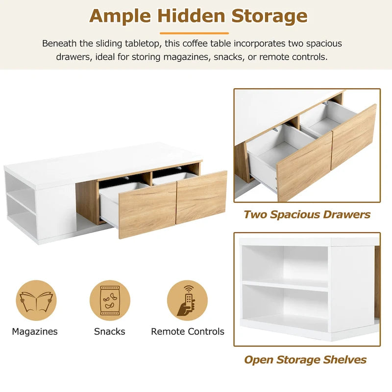 Table basse multifonctionnelle avec rangement dissimulé et 2 tiroirs