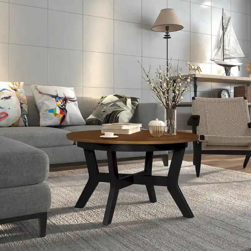 Table basse ronde de style campagnard en bois avec 4 pieds en bois massif