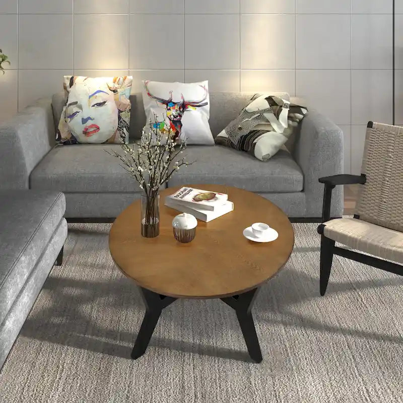 Table basse ronde de style campagnard en bois avec 4 pieds en bois massif