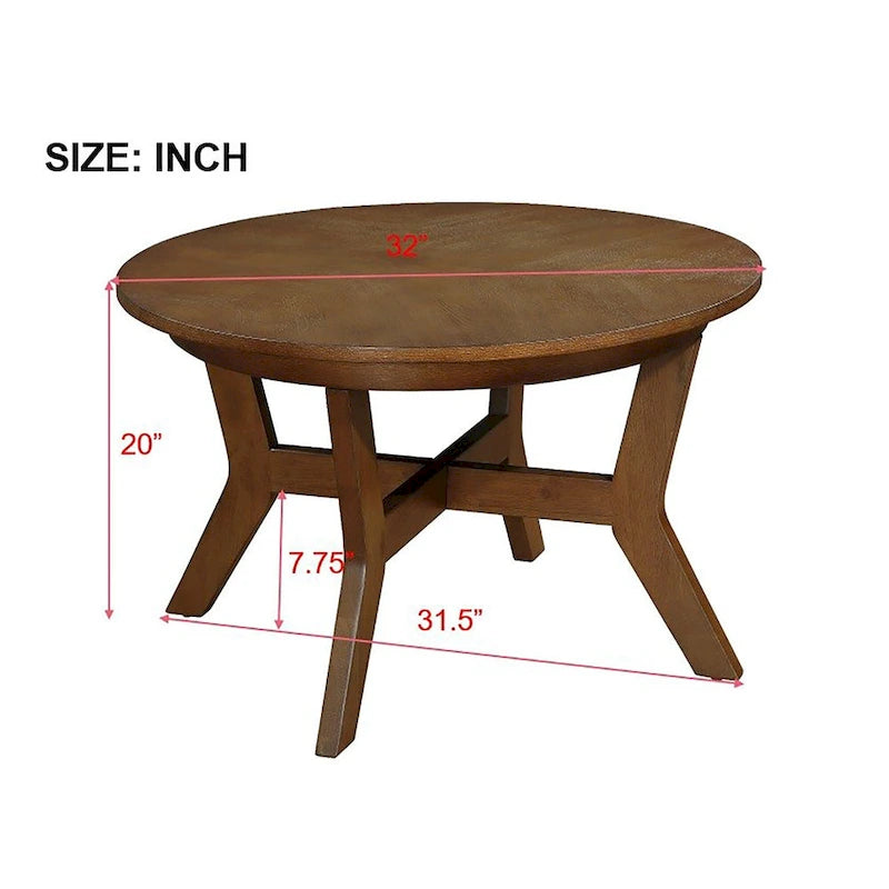 Table basse ronde de style campagnard en bois avec 4 pieds en bois massif