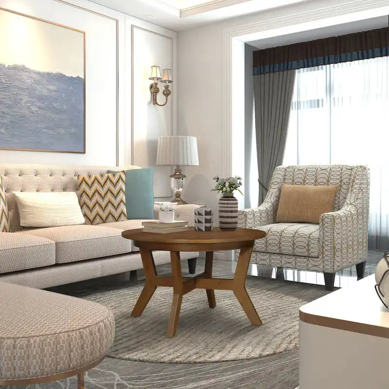 Table basse ronde de style campagnard en bois avec 4 pieds en bois massif