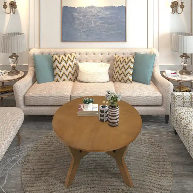 Table basse ronde de style campagnard en bois avec 4 pieds en bois massif