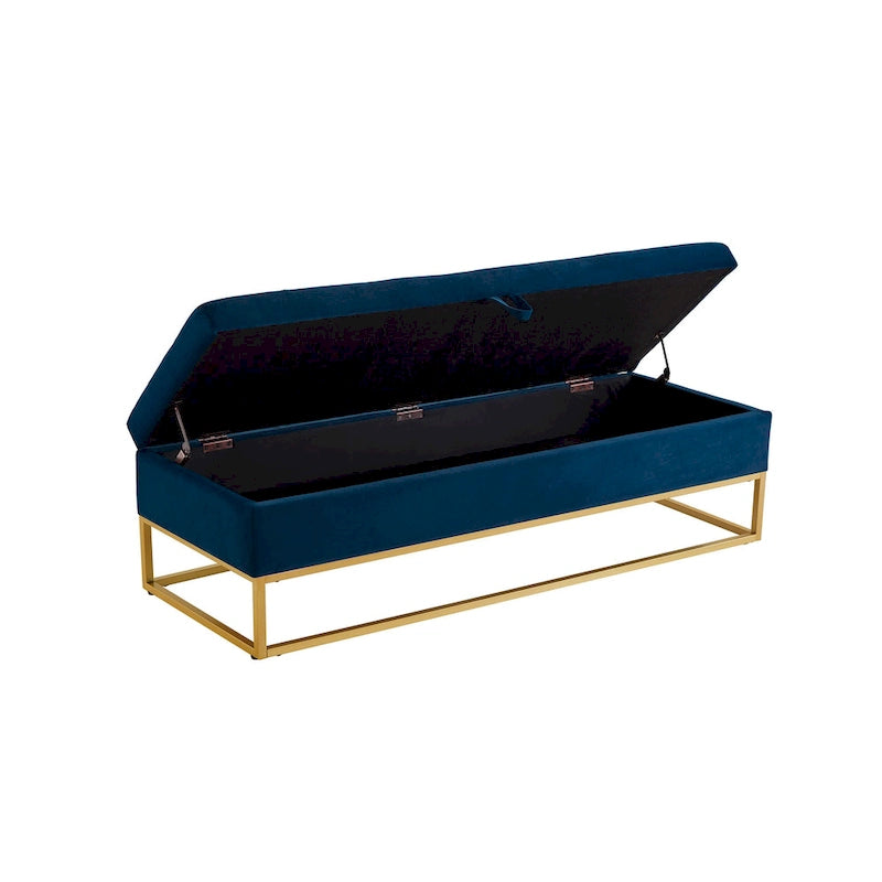 Banc de rangement en velours capitonné avec piètement en métal doré