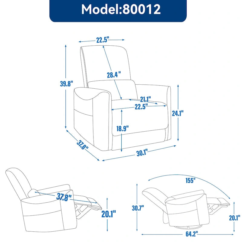 Fauteuil inclinable électrique pivotant et à bascule Leatheraire, mécanisme de mouvement robuste avec ports USB et Type-C