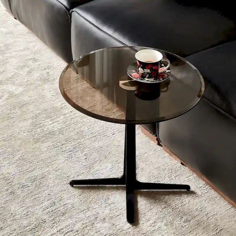 Table d'appoint/table de chevet ronde moderne avec plateau en verre - Meuble de nuit haut et élégant en métal