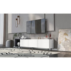 Meuble TV extensible blanc moderne avec 3 tiroirs et une étagère pour téléviseurs jusqu'à 80 pouces