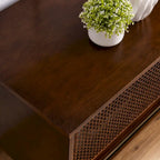 Meuble TV 59 pouces avec étagères ouvertes et portes en rotin pour téléviseurs de 65 pouces