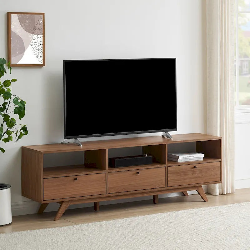 Meuble TV scandinave moderne à 3 portes, profil bas, pour téléviseurs jusqu'à 80 pouces - Moka