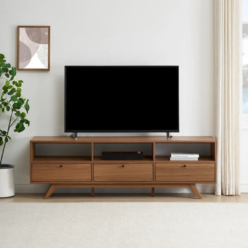 Meuble TV scandinave moderne à 3 portes, profil bas, pour téléviseurs jusqu'à 80 pouces - Moka
