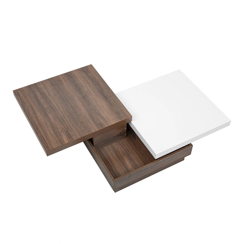 Table basse pivotante, table basse carrée moderne avec design imitation bois, 1 espace de rangement dissimulé pour le salon