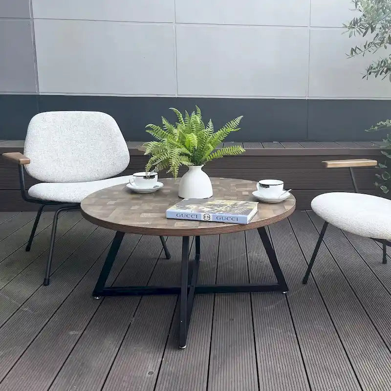Table basse ronde en bois et métal noir