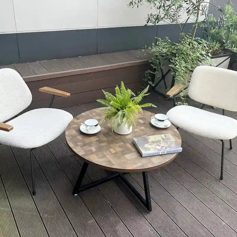 Table basse ronde en bois et métal noir