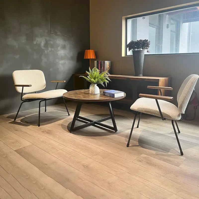 Table basse ronde en bois et métal noir