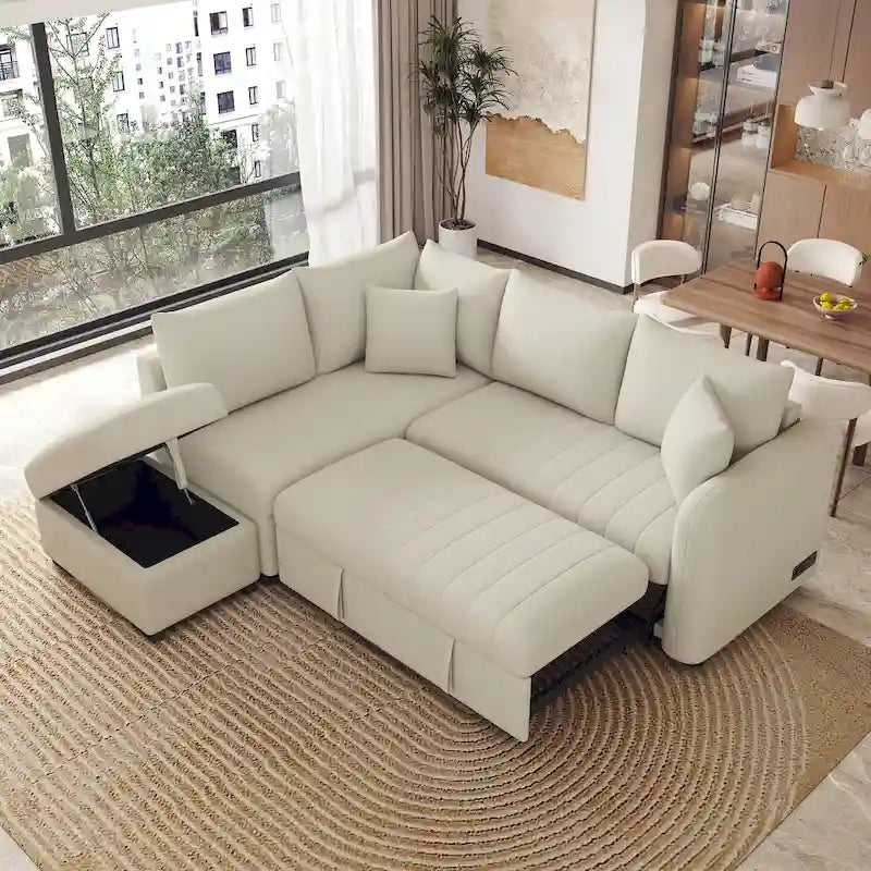 L-shaped Sectional Pull Out Sofa Bed Sleeper Sofa with Two USB Ports, Two Power Sockets