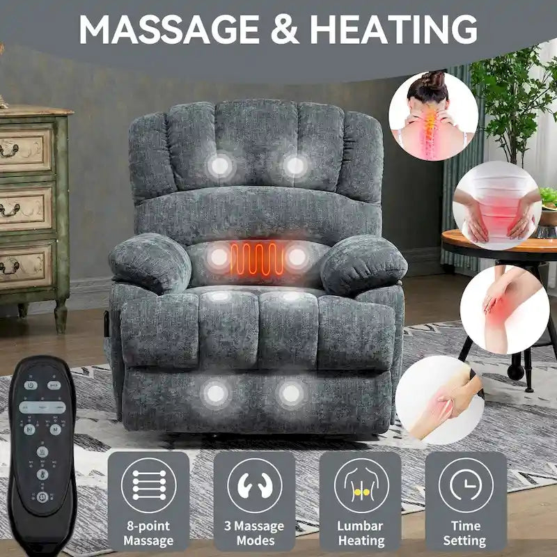 Fauteuil inclinable électrique surdimensionné en chenille avec massage et chauffage lombaire, port de chargement USB