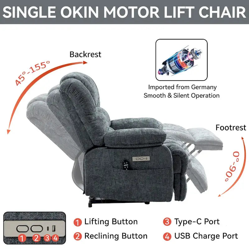 Fauteuil inclinable électrique surdimensionné en chenille avec massage et chauffage lombaire, port de chargement USB