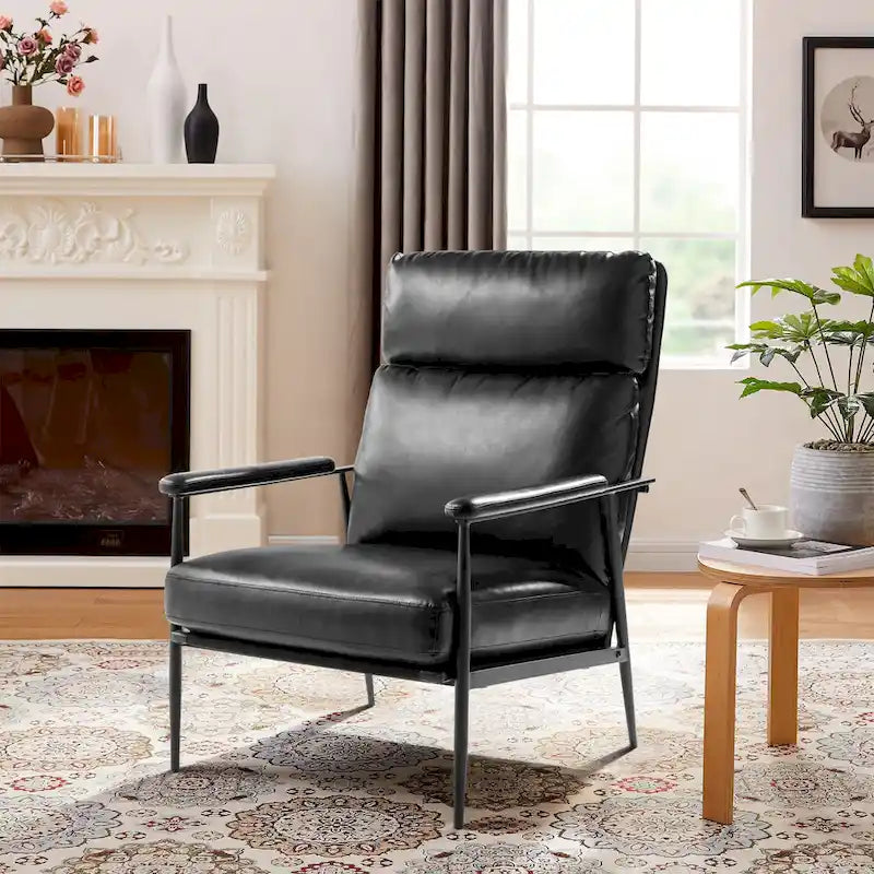 Glitzhome 33.75W Mid-Century Modern Leatherette Armchair With High Back and Padded Arms - 33.75 W x 39.5 H x 28 D