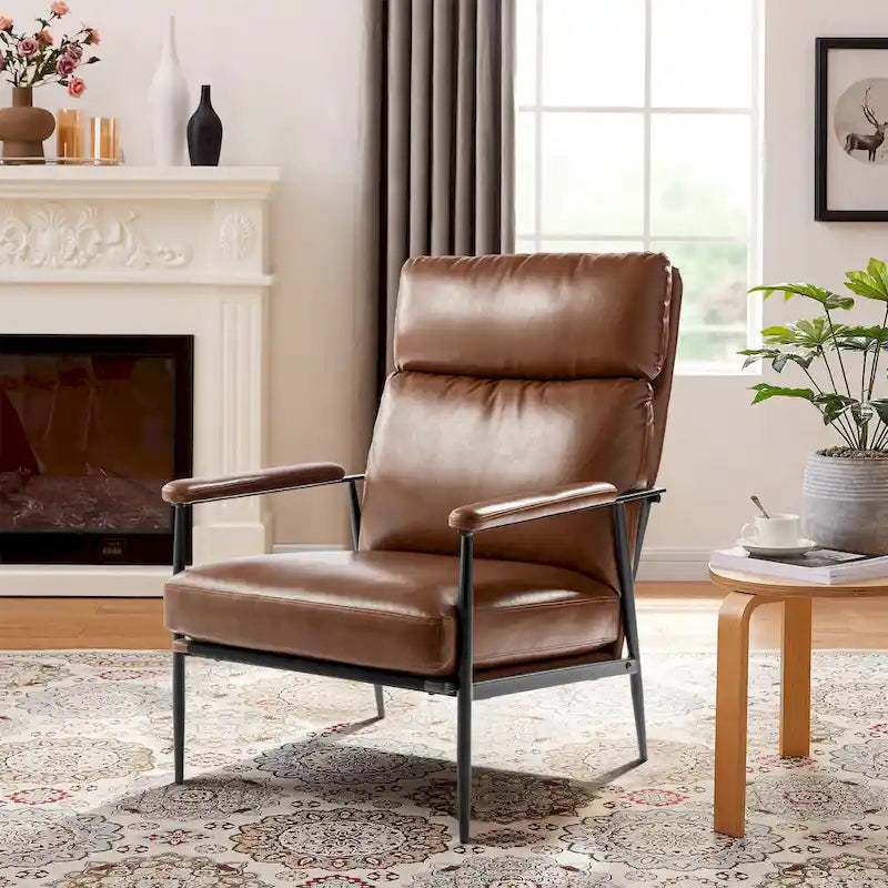 Glitzhome 33.75W Mid-Century Modern Leatherette Armchair With High Back and Padded Arms - 33.75 W x 39.5 H x 28 D