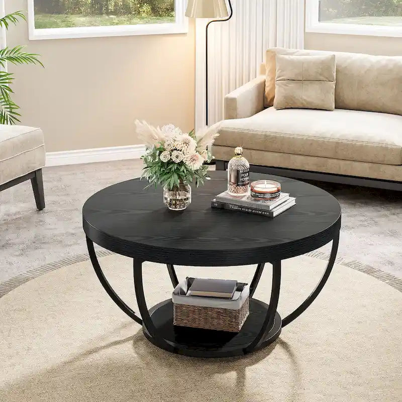 Wooden Coffee Table, 2-Tier Round Central Cocktail Table with Shelves