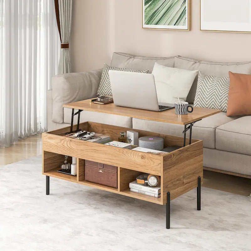 Table basse Costway à plateau relevable avec compartiment de rangement et 3 compartiments ouverts - Voir les détails