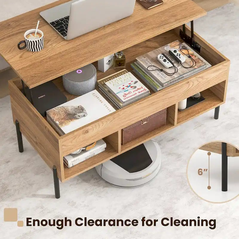 Table basse Costway à plateau relevable avec compartiment de rangement et 3 compartiments ouverts - Voir les détails