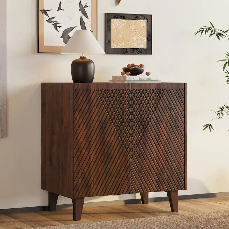 Meuble d'appoint rustique en bois, design cannelé, étagère réglable, rangement