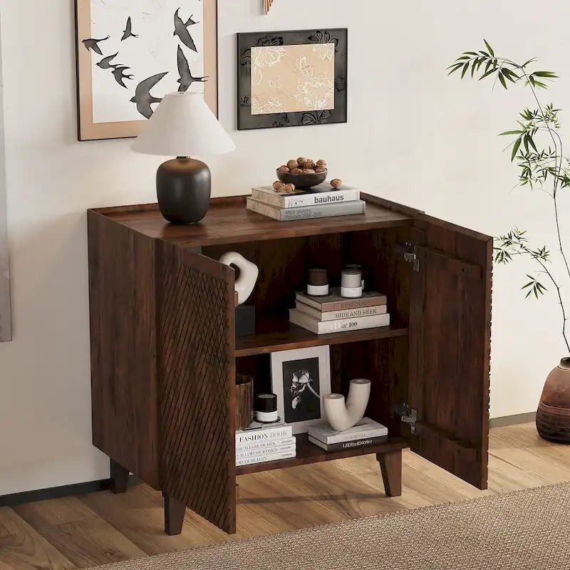 Meuble d'appoint rustique en bois, design cannelé, étagère réglable, rangement