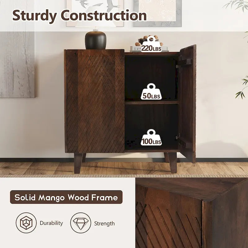 Meuble d'appoint rustique en bois, design cannelé, étagère réglable, rangement