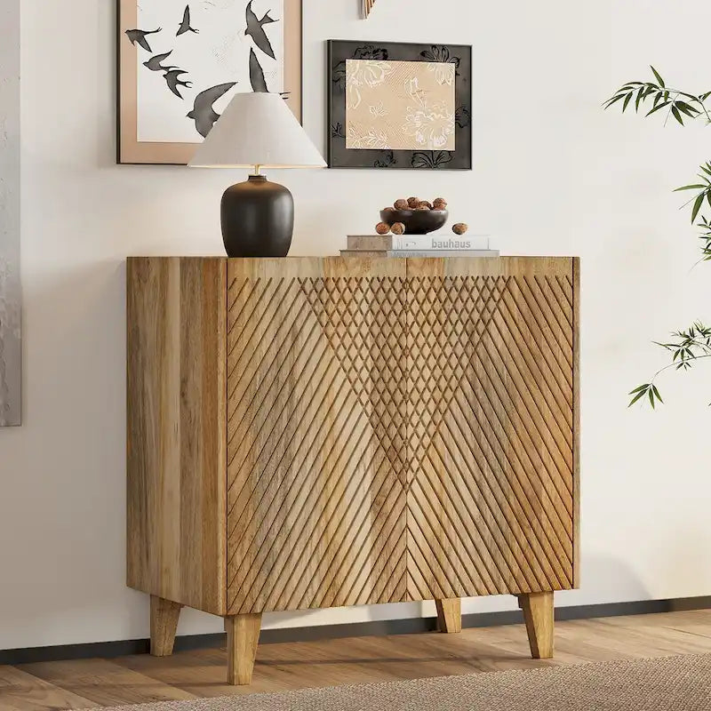 Meuble d'appoint rustique en bois, design cannelé, étagère réglable, rangement