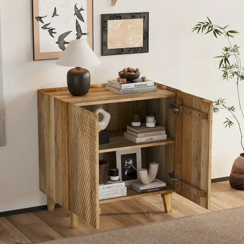 Meuble d'appoint rustique en bois, design cannelé, étagère réglable, rangement