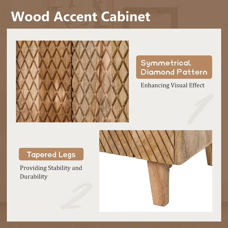 Meuble d'appoint rustique en bois, design cannelé, étagère réglable, rangement