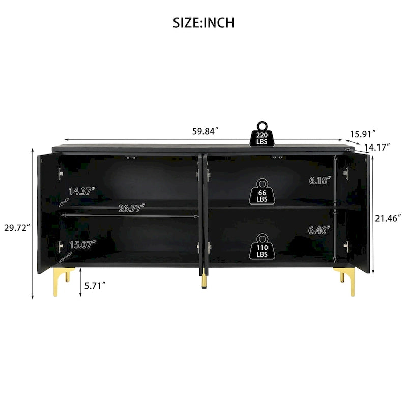 Buffet à 4 portes sans poignées pour salle à manger, salon