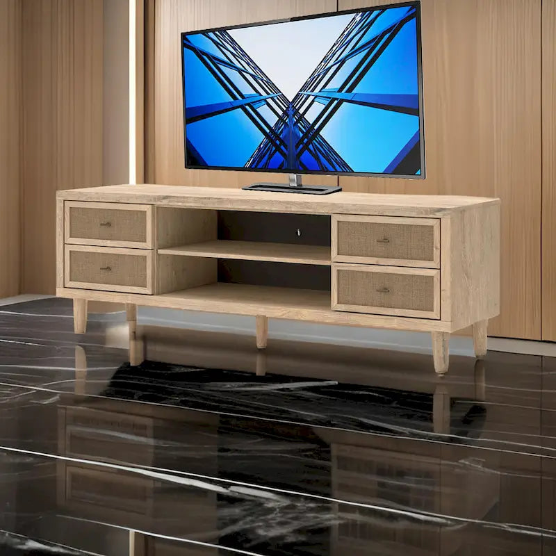 Meuble TV Ciel grand format, 4 tiroirs, 2 étagères, bois brun, 183 cm (72 pouces)