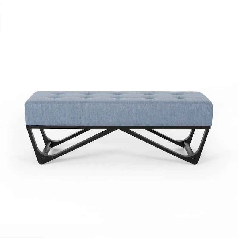 Banc ottoman Liba, tissu bleu clair capitonné, noir, 119 cm