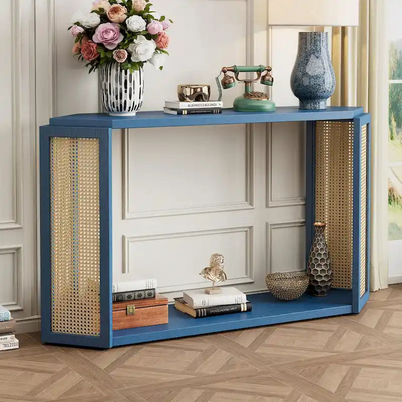 Console étroite avec étagère ouverte, bleu antique