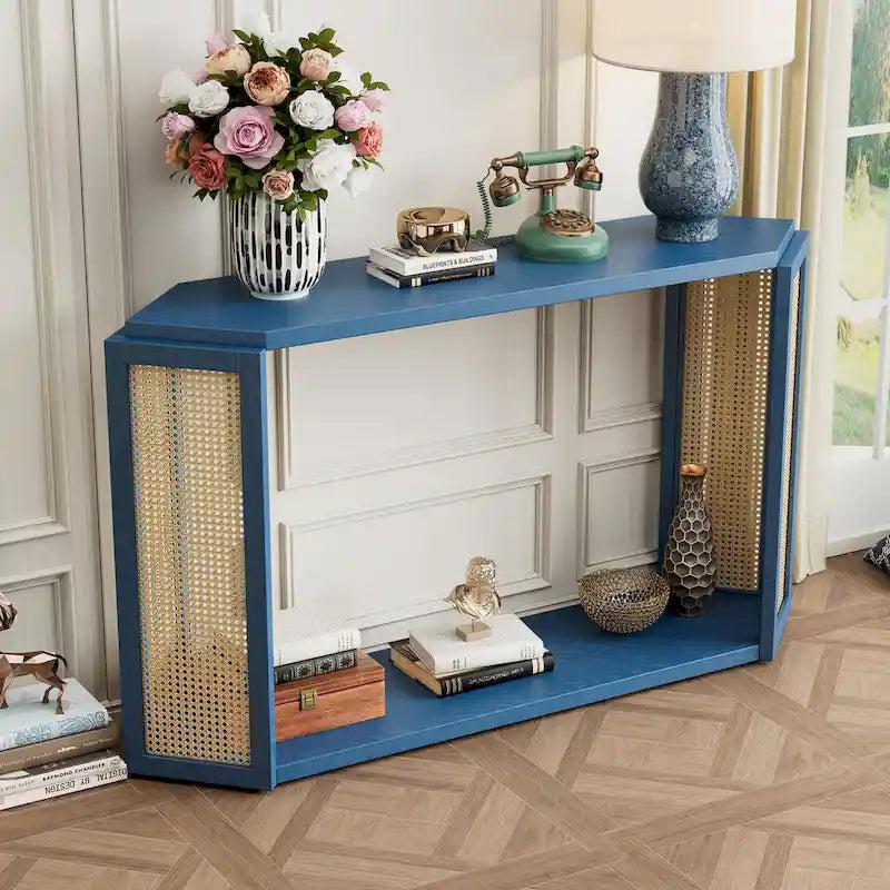 Console étroite avec étagère ouverte, bleu antique