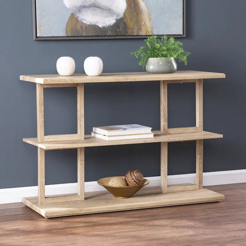 Console rectangulaire en bois naturel avec étagère basse et 2 étagères - 42 cm L x 15,75 cm l x 28,5 cm H