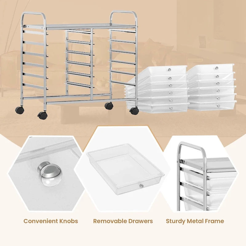 Chariot de rangement roulant à 12 tiroirs, chariot utilitaire mobile sur roues