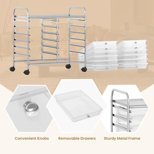 Chariot de rangement roulant à 12 tiroirs, chariot utilitaire mobile sur roues