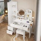 Armoire de toilette avec miroir pleine longueur + coiffeuse ronde avec miroir LED + tabouret rembourré