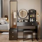 Full Body Mirror Cabinet + Round Mirror LED Vanity Table + Cushioned Stool
