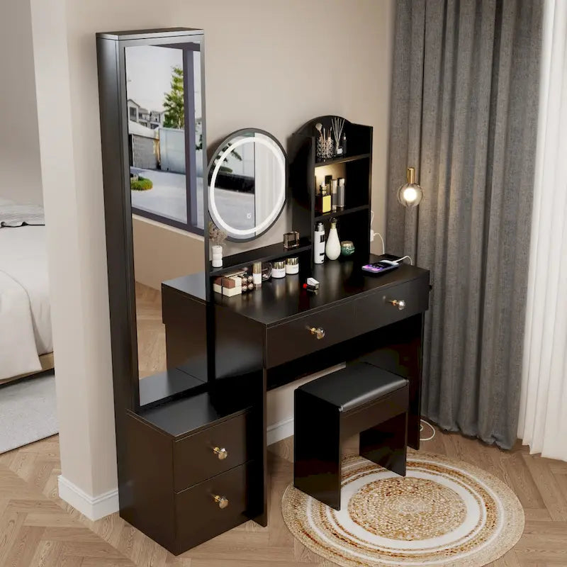 Armoire de toilette avec miroir pleine longueur + coiffeuse ronde avec miroir LED + tabouret rembourré