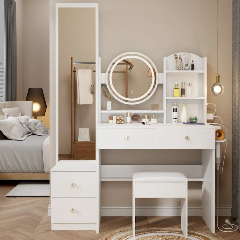 Armoire de toilette avec miroir pleine longueur + coiffeuse ronde avec miroir LED + tabouret rembourré