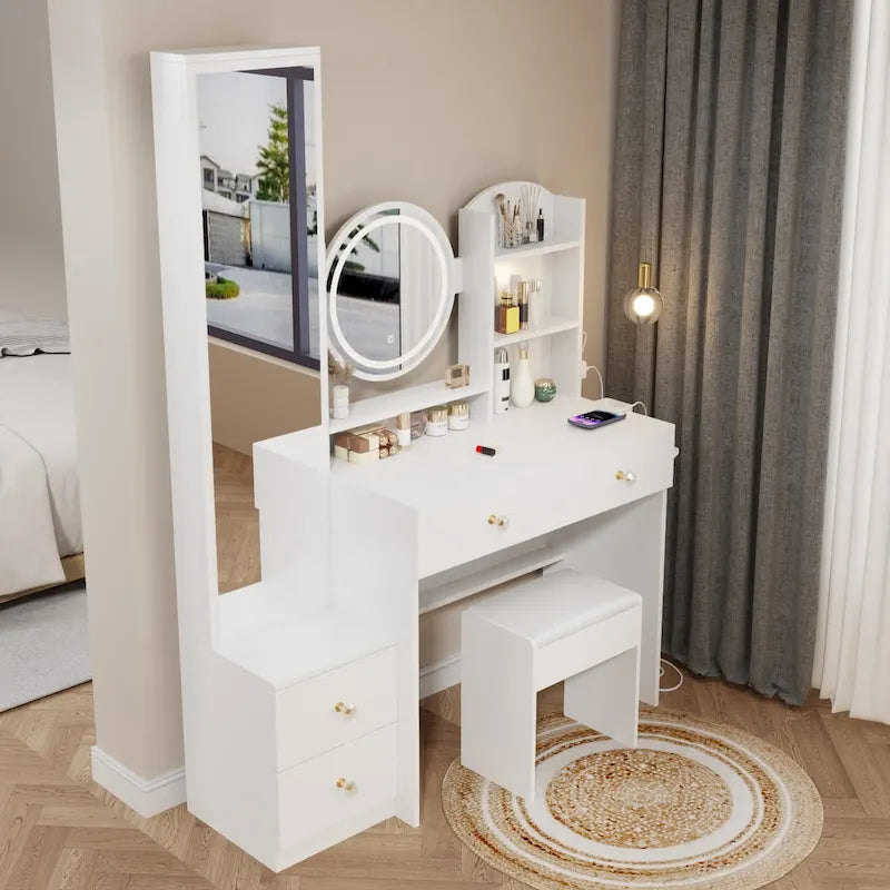 Armoire de toilette avec miroir pleine longueur + coiffeuse ronde avec miroir LED + tabouret rembourré