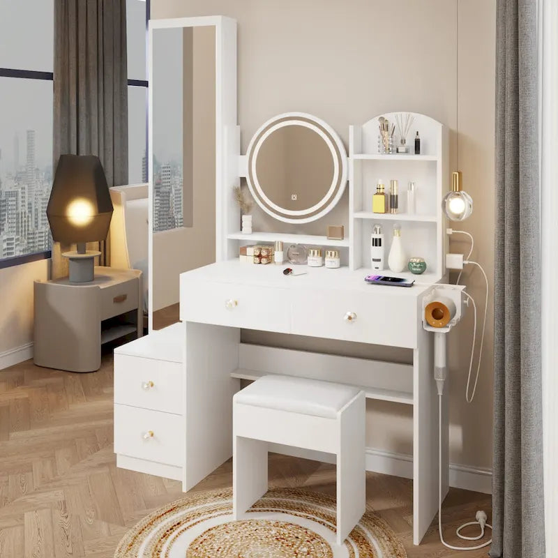 Armoire de toilette avec miroir pleine longueur + coiffeuse ronde avec miroir LED + tabouret rembourré