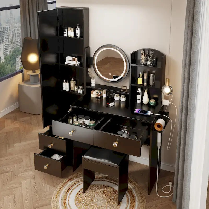 Armoire de toilette avec miroir pleine longueur + coiffeuse ronde avec miroir LED + tabouret rembourré