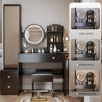 Armoire de toilette avec miroir pleine longueur + coiffeuse ronde avec miroir LED + tabouret rembourré