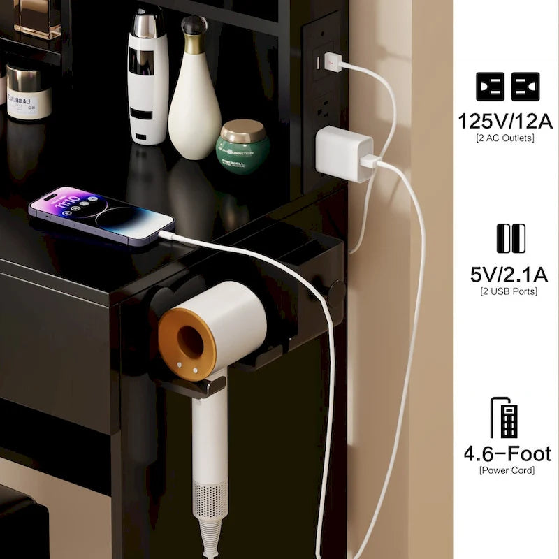 Armoire de toilette avec miroir pleine longueur + coiffeuse ronde avec miroir LED + tabouret rembourré