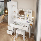 Armoire de toilette avec miroir pleine longueur + coiffeuse ronde avec miroir LED + tabouret rembourré